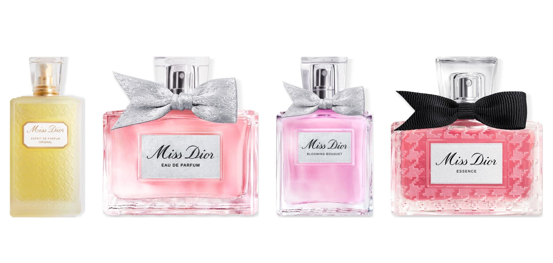 Quatre flacons Miss Dior côte à côte : l’Esprit de Parfum Original, l’eau de parfum, Blooming Bouquet et l’Essence