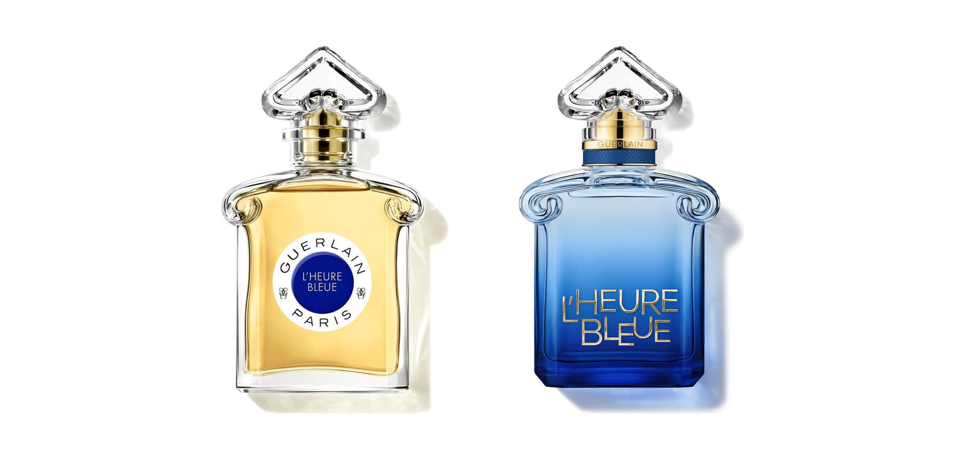 Le flacon cœur inversé de L’Heure Bleue 1912 et sa version bleue de 2026, côte à côte