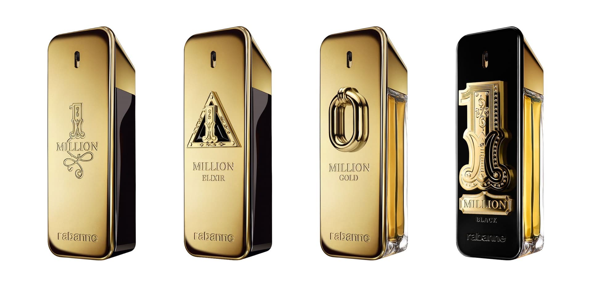 Quatre flacons de la ligne 1 Million côte à côte : l’eau de toilette de 2008, 1 Million Elixir, Million Gold et 1 Million Black