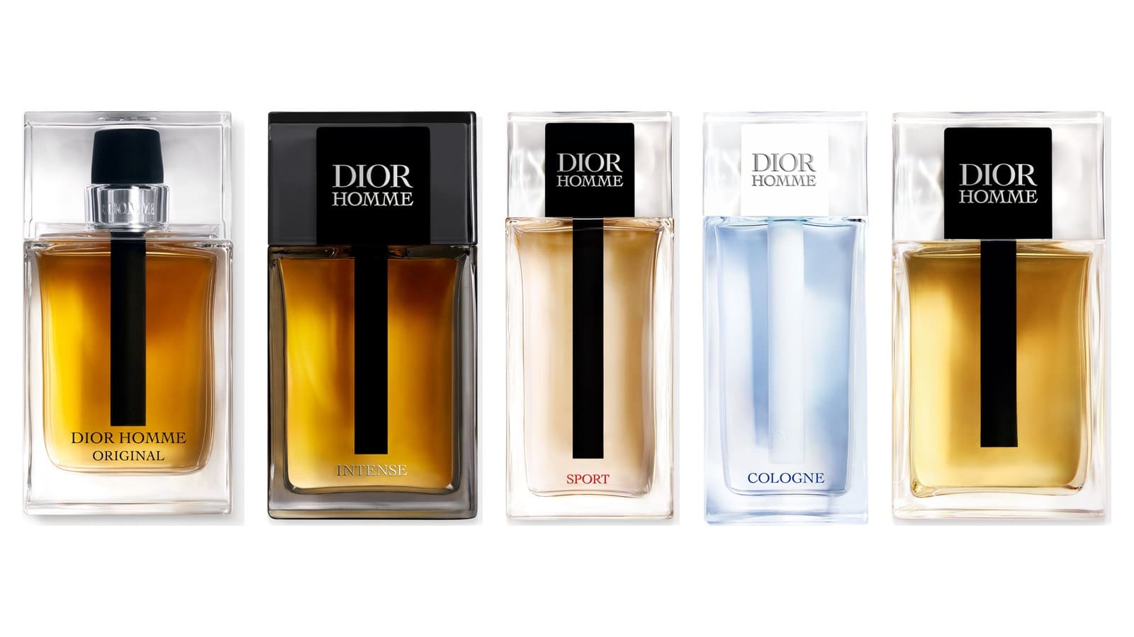 Cinq flacons Dior Homme côte à côte sur fond blanc : Dior Homme Original, Dior Homme Intense, Dior Homme Sport, Dior Homme Cologne et le Dior Homme de 2020.